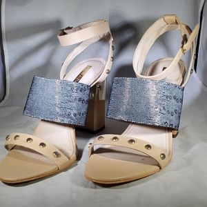 Beige and blue reptile print sandals with gold embellishment